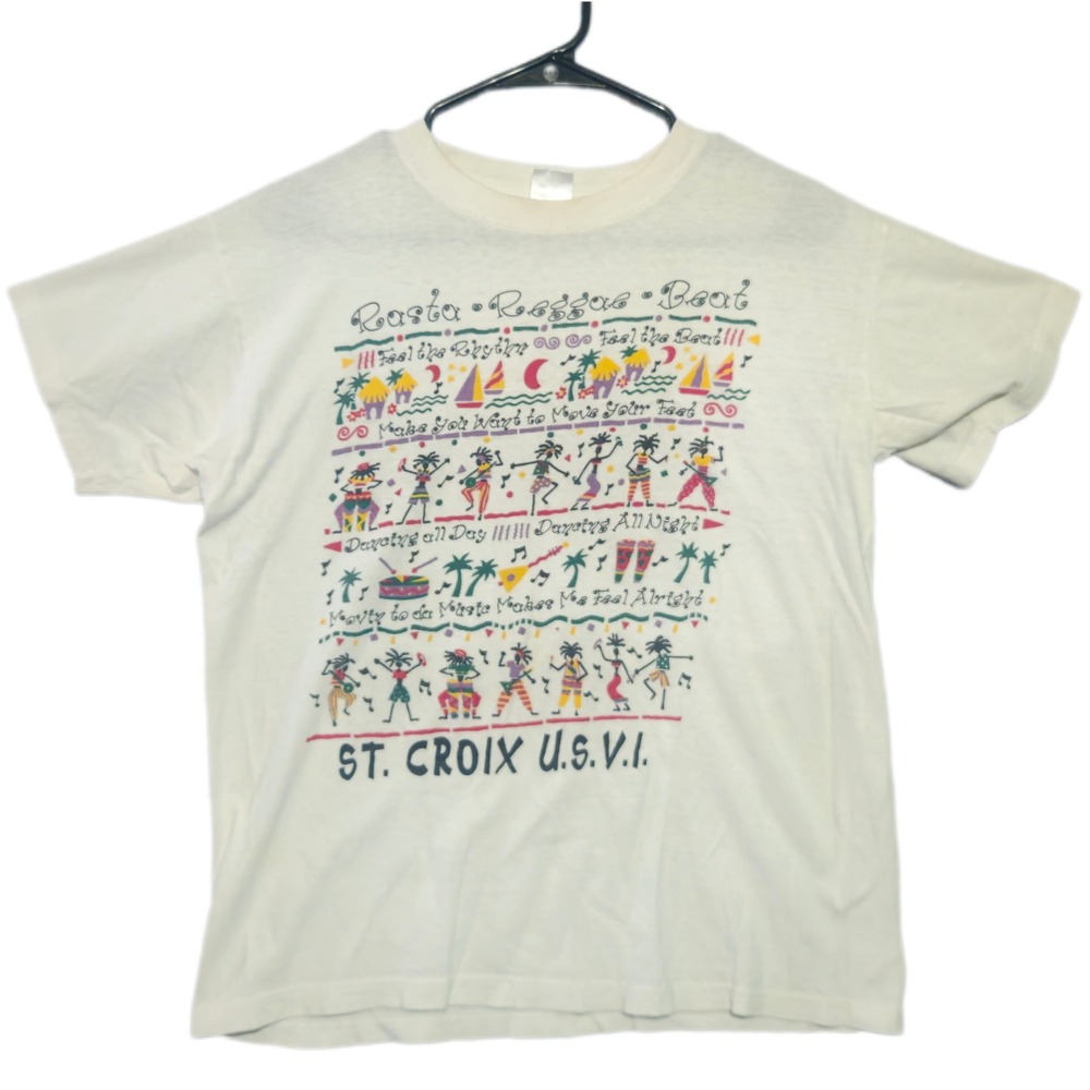Vintage St. Croix USVI Men T-Shirt L White Rasta Reggae Beat Single Stitch Tee